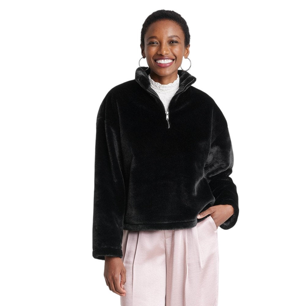Women's Faux Fur Quarter Zip Sweatshirt - a New Day, Black L
