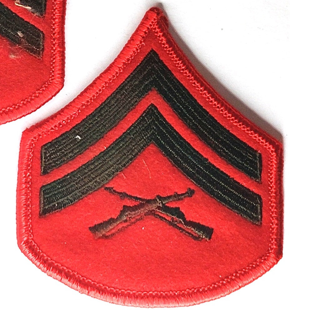 USMC Corporal E‑4 Chevrons Green on Red Female Size 2-7/8" × 3‑1/4" Patch Pair