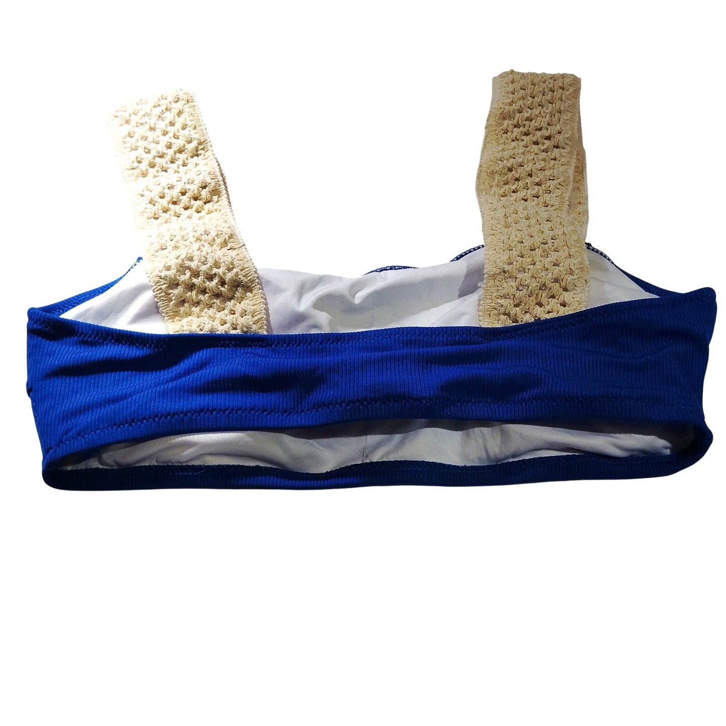 Ribbed Bandeau Bikini Top w/ Crochet Straps, Cobalt Blue, SM (29-30.5 Bust) NWOT