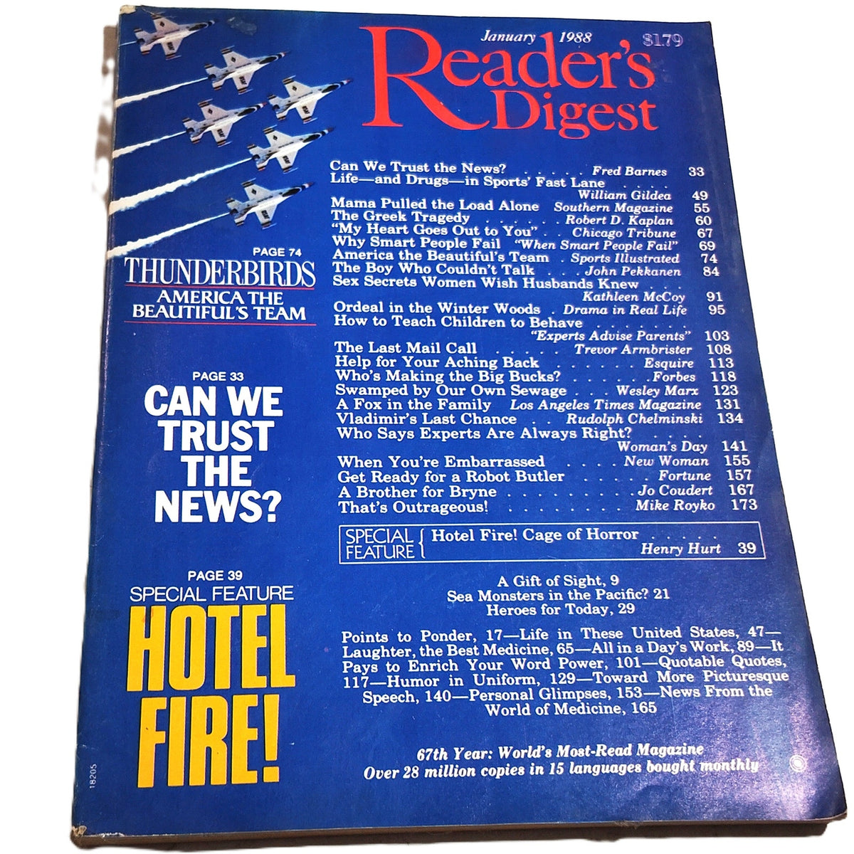 Vintage Reader's Digest Magazine January 1988 Thunderbirds Cover Back Issue