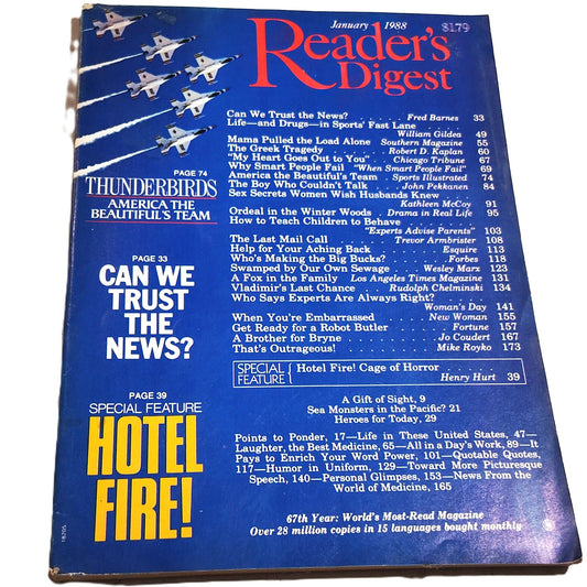 Vintage Reader's Digest Magazine January 1988 Thunderbirds Cover Back Issue