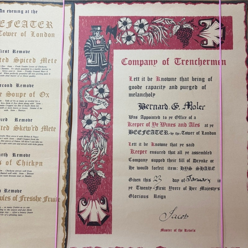 VTG Beefeater Tower of London Dinner Menu & Certificate– 16x12 Cream/Red Scrolls