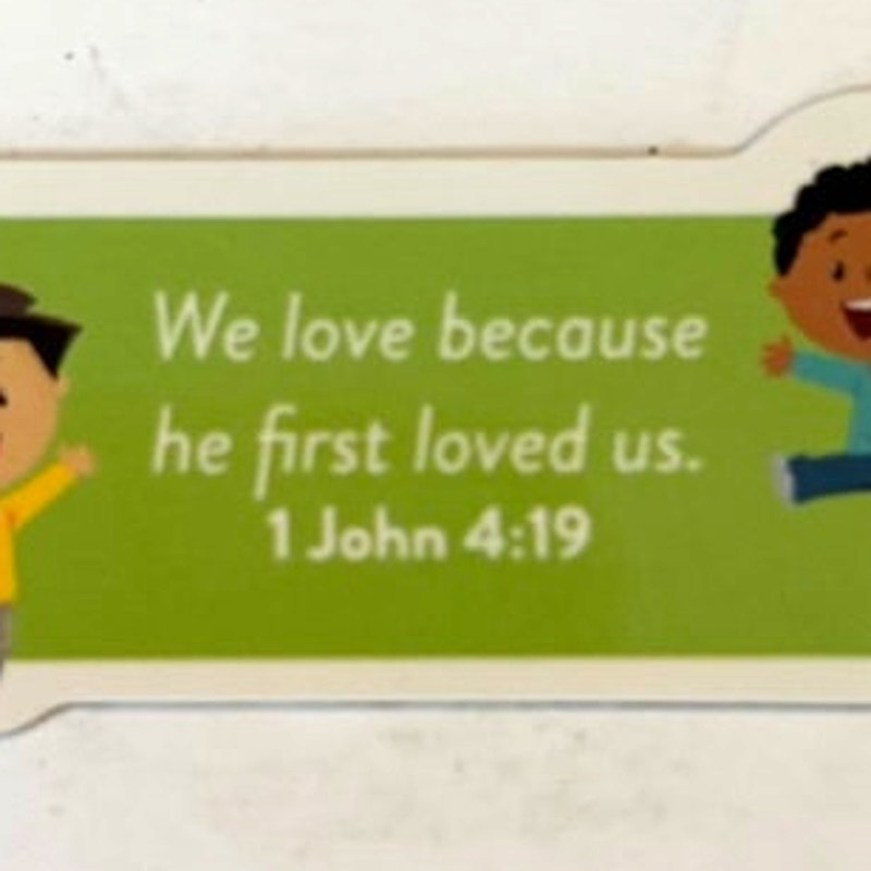 1 John 4:19 Scripture Magnet Cartoon Kids Green Banner Christian Children 2.375"