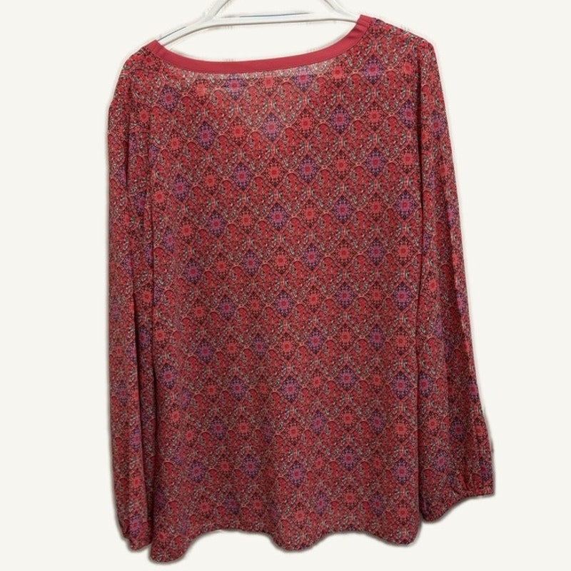 Women's XL Pink Purple Geometric V-Neck Blouse - Long Sleeve, Curved Hem