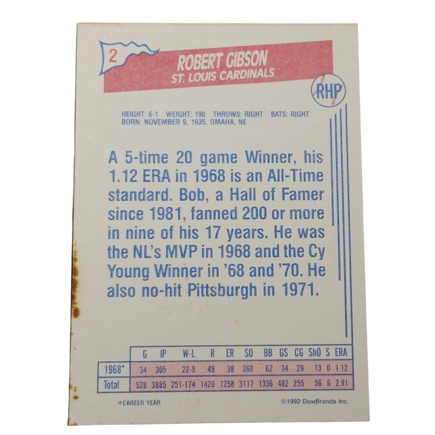 1992 Ziploc Bob Gibson #2 St. Louis Cardinals MLB Baseball Card VG/NM