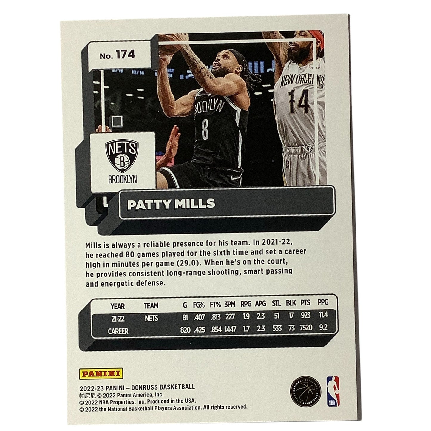 Patty Mills, Card #174, Brooklyn Nets, 2022-23 NBA Panini Donruss
