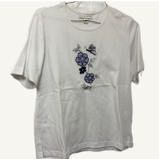 Vintage Haymaker White Floral Butterfly Embroidered T-Shirt Women's Size L