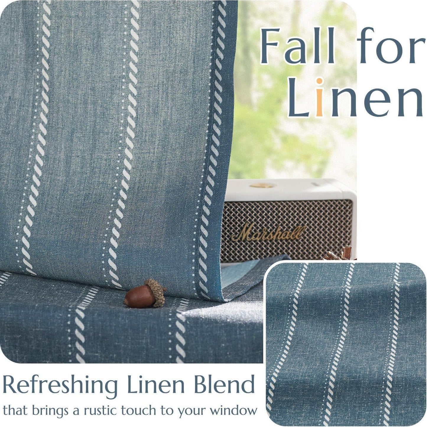 Linen Curtains 50"W x 84"L Blue Sailor Striped Panels (2) Rustic Farmhouse