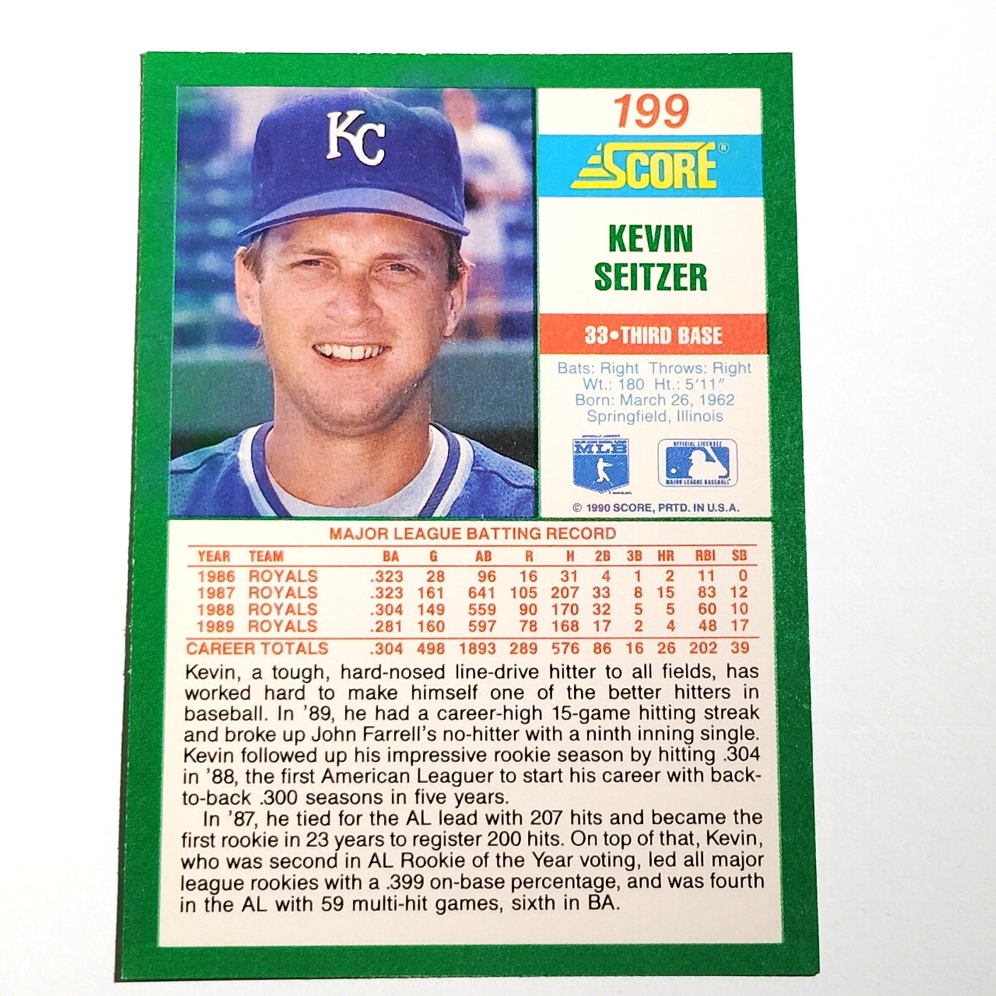 1990 Score Kevin Seitzer #199 Kansas City Royals Third Baseman MLB Baseball EX