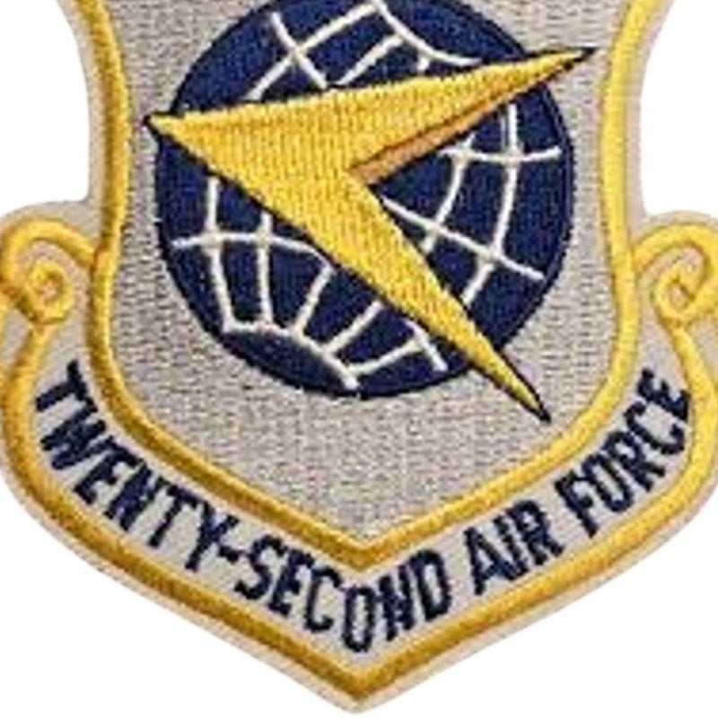 USAF 22nd Air Force Shield Patch Blue Globe Yellow Arrow 3‑1/8" × 3" Sew‑On