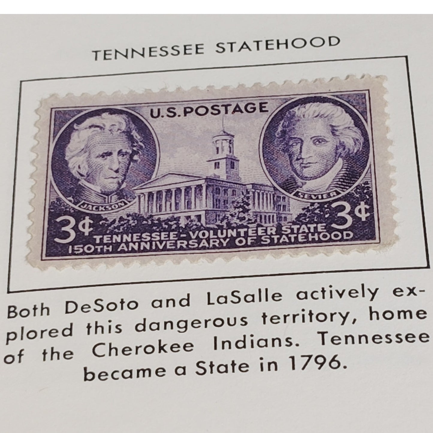 1946 3¢ Tennessee Statehood Stamp – Scott 942 – Jackson & Sevier – Capitol