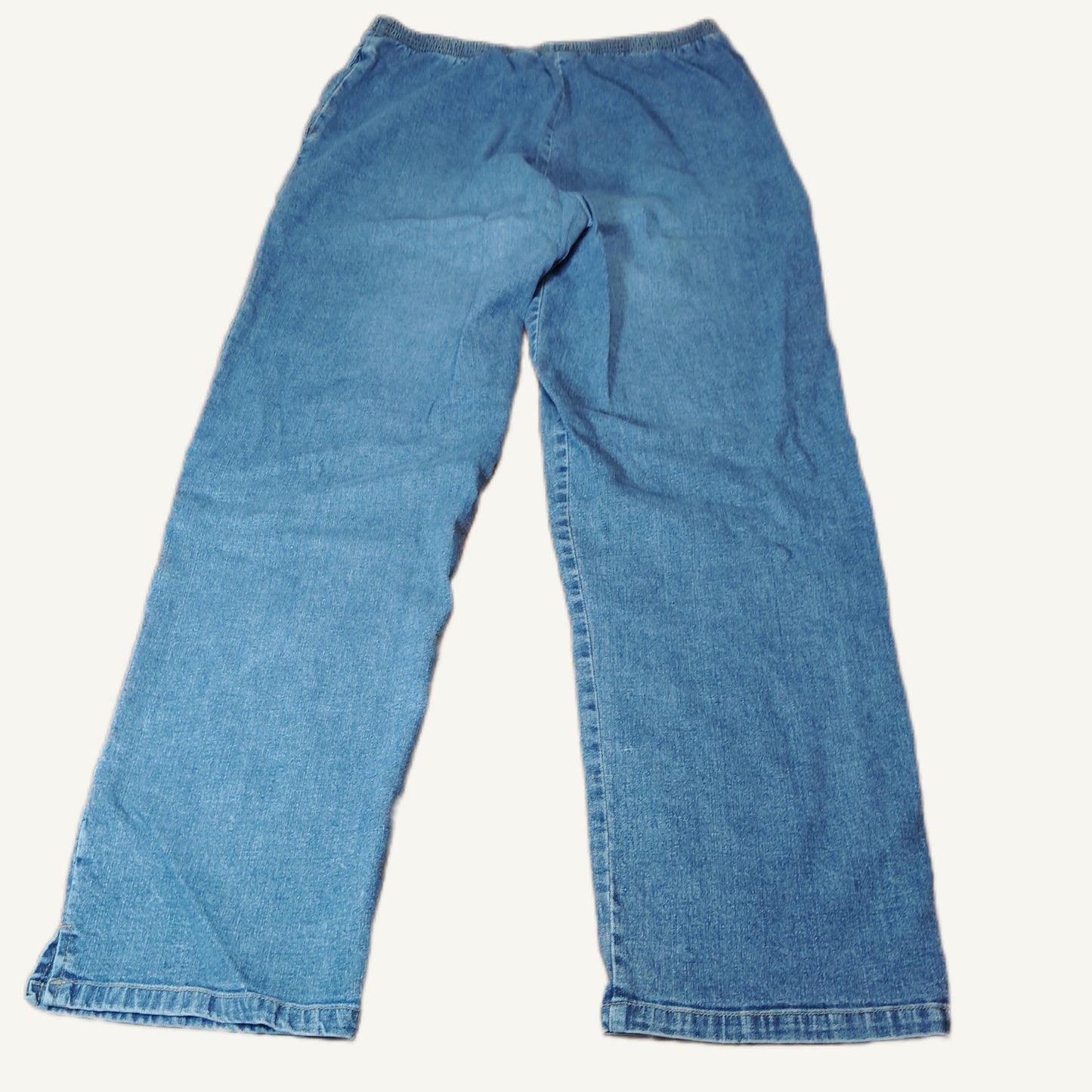 Mom Jeans: Blue Denim with Pink & White Floral Embroidery - Straight Leg 32x29