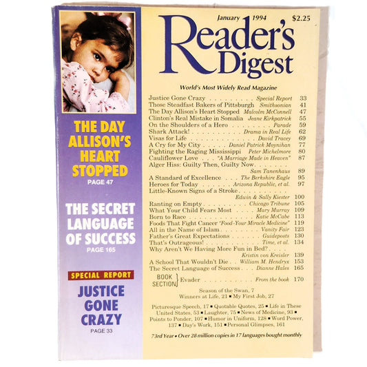 Reader's Digest January 1994 The Day Allison's Heart Stopped Vintage Issue