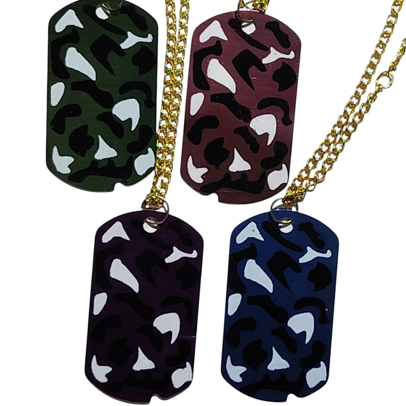 4 Camo Dog Tags Pink (1) Blue (1) Green (1) & Purple (1) w/ 24" Gold Tone Chains