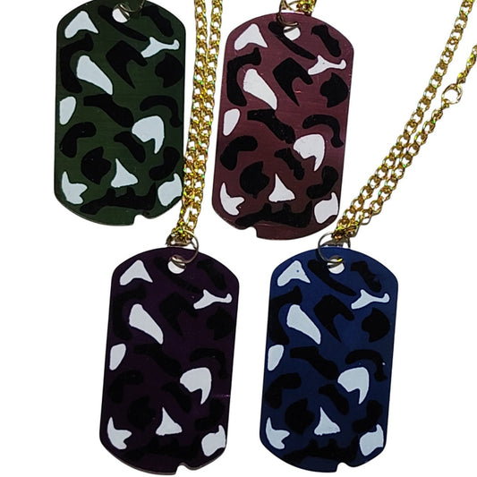 4 Camo Dog Tags Pink (1) Blue (1) Green (1) & Purple (1) w/ 24" Gold Tone Chains