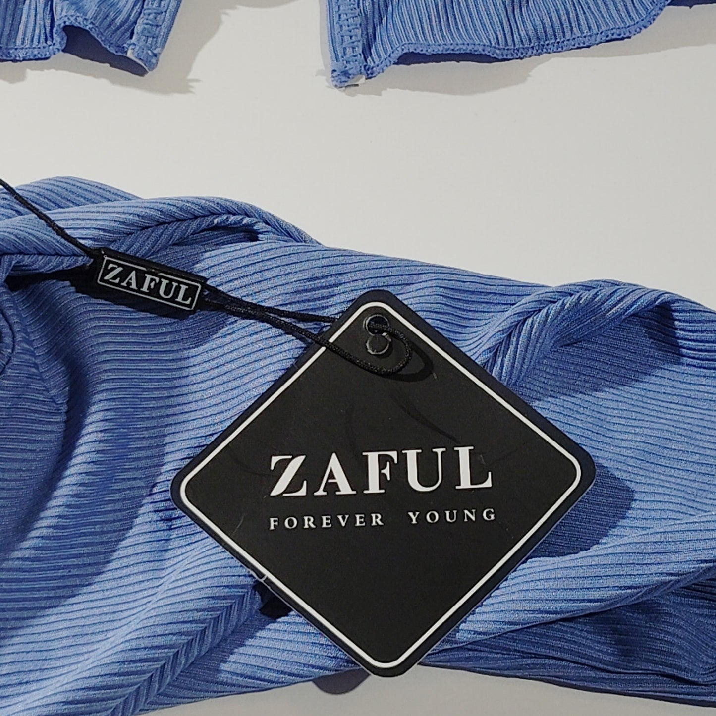 ZAFUL Women’s Ruffle Ribbed Self‑Tie Bandeau Bikini Set – Blue – Small (4) – NWT