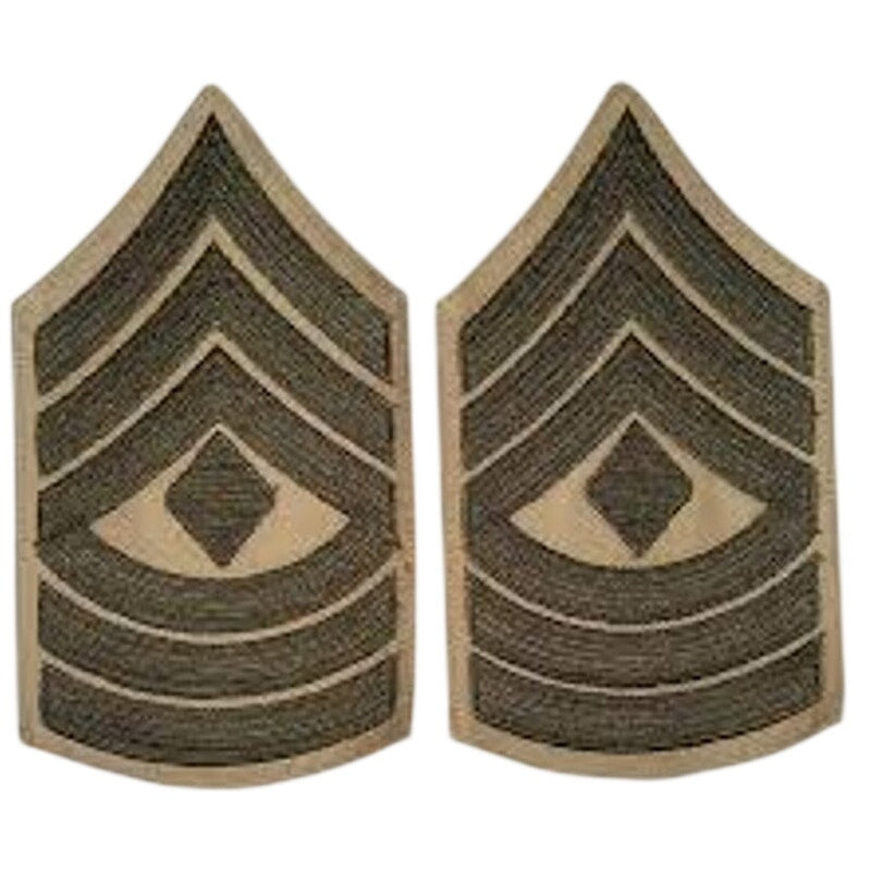 1 Set USMC First Sergeant E‑8 Chevrons – Green on Khaki – 6‑3/4" × 3‑3/4" – Pair