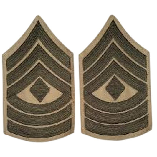 1 Set USMC First Sergeant E‑8 Chevrons – Green on Khaki – 6‑3/4" × 3‑3/4" – Pair