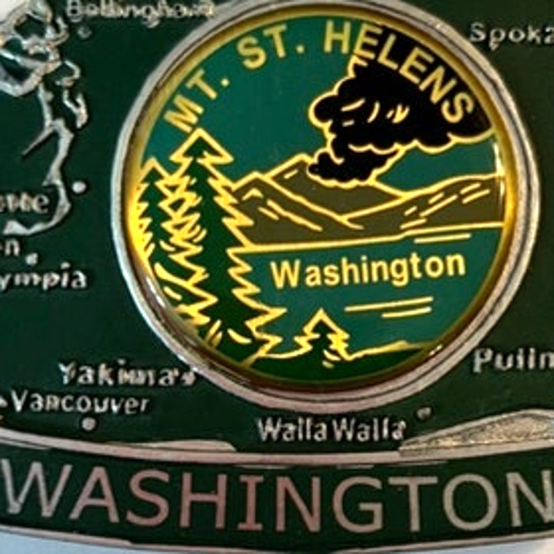 Washington State Mt St Helens Metal Enamel Map Magnet Evergreen Emblem 2.5x1.875