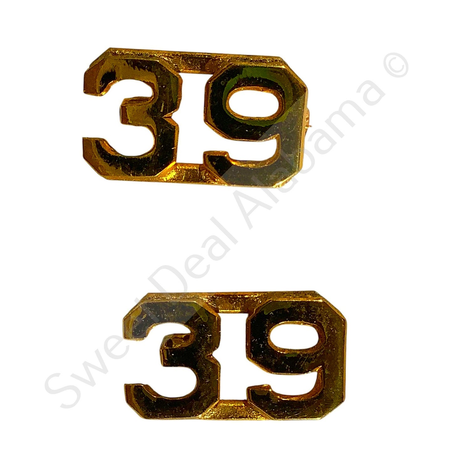 WWI Era Numeric "39", Brass Military C-Clasp Hat / Lapel / Collar Pins Set 3/8"H