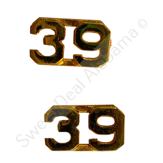 WWI Era Numeric "39", Brass Military C-Clasp Hat / Lapel / Collar Pins Set 3/8"H