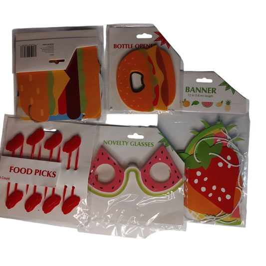 Lot of 5 BBQ Party Supplies & Decorations – Banners, Glasses, Bottle Opener, NIP