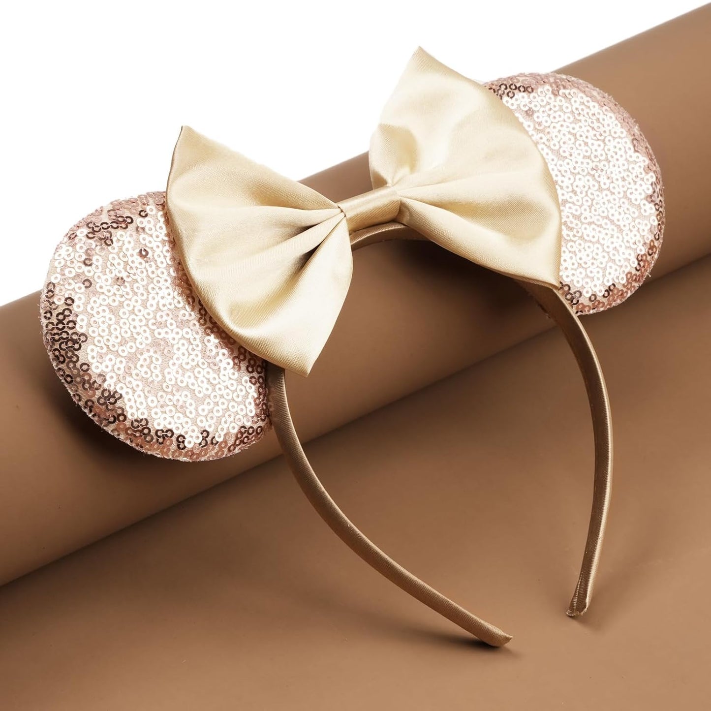 Champagne Glitter Mouse Ears Headband w/ Luxe Satin Bow For Teens or Adults