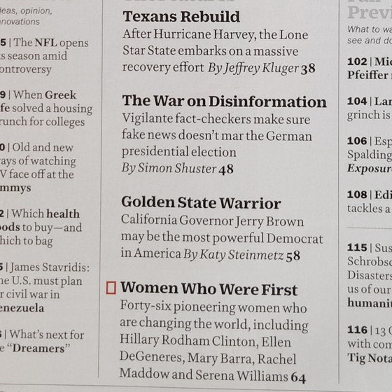 TIME Magazine September 18, 2017 - Firsts: Women Who Are Changing the World