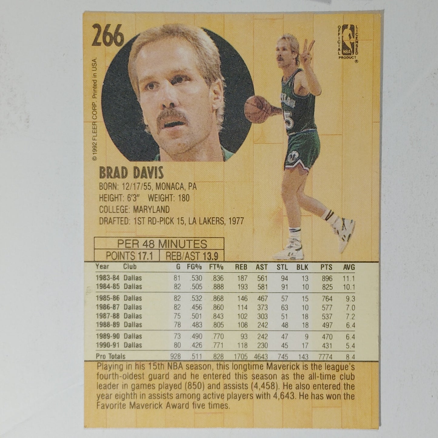 1991–92 Fleer Brad Davis #266 – Dallas Mavericks – Guard – VG/EX