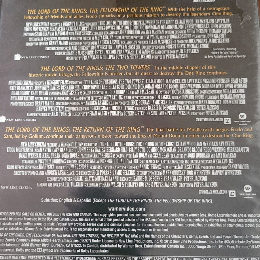 The Lord of the Rings DVD 3 Movies Fellowship Two Towers Return of the King