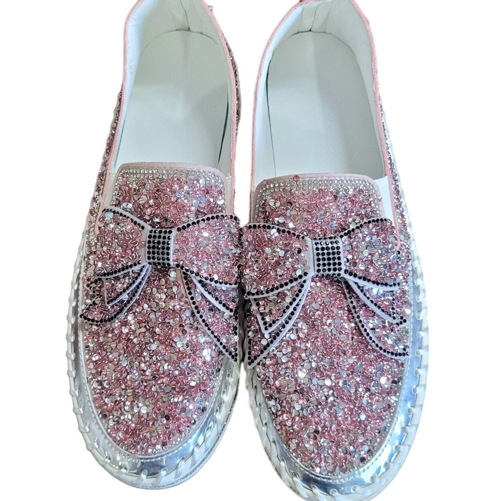 Angry Monkey Women's Rhinestones Glitter Slip-On Sneakers, Cute Bow Comfort Platform Walking Flat Loafer Stitch Casual Shoes, Pink,11