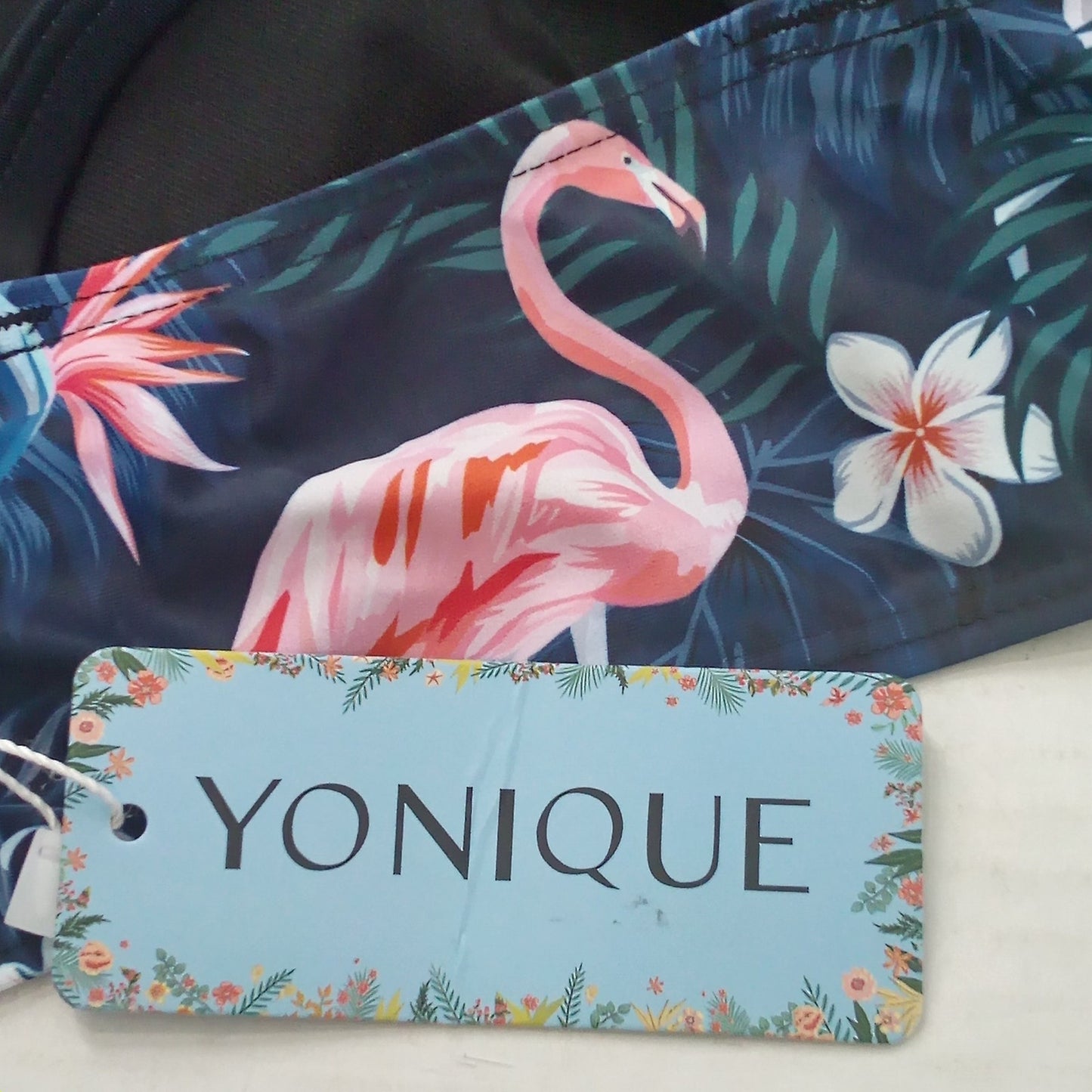 Yonique Black Flamingo Sports Bra Swim Top Crossback Scoop Neck L Padded