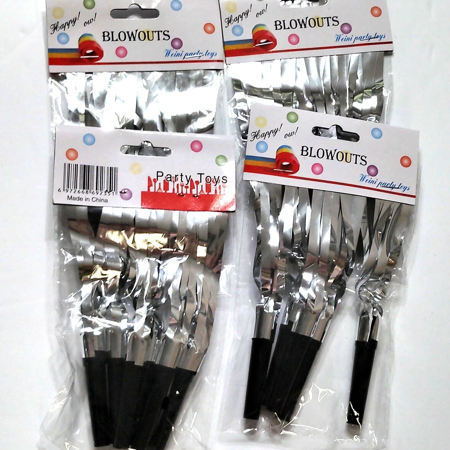 Silver Metallic Noise Makers Set of 24 Fringed Party Blowers Horns Whistles