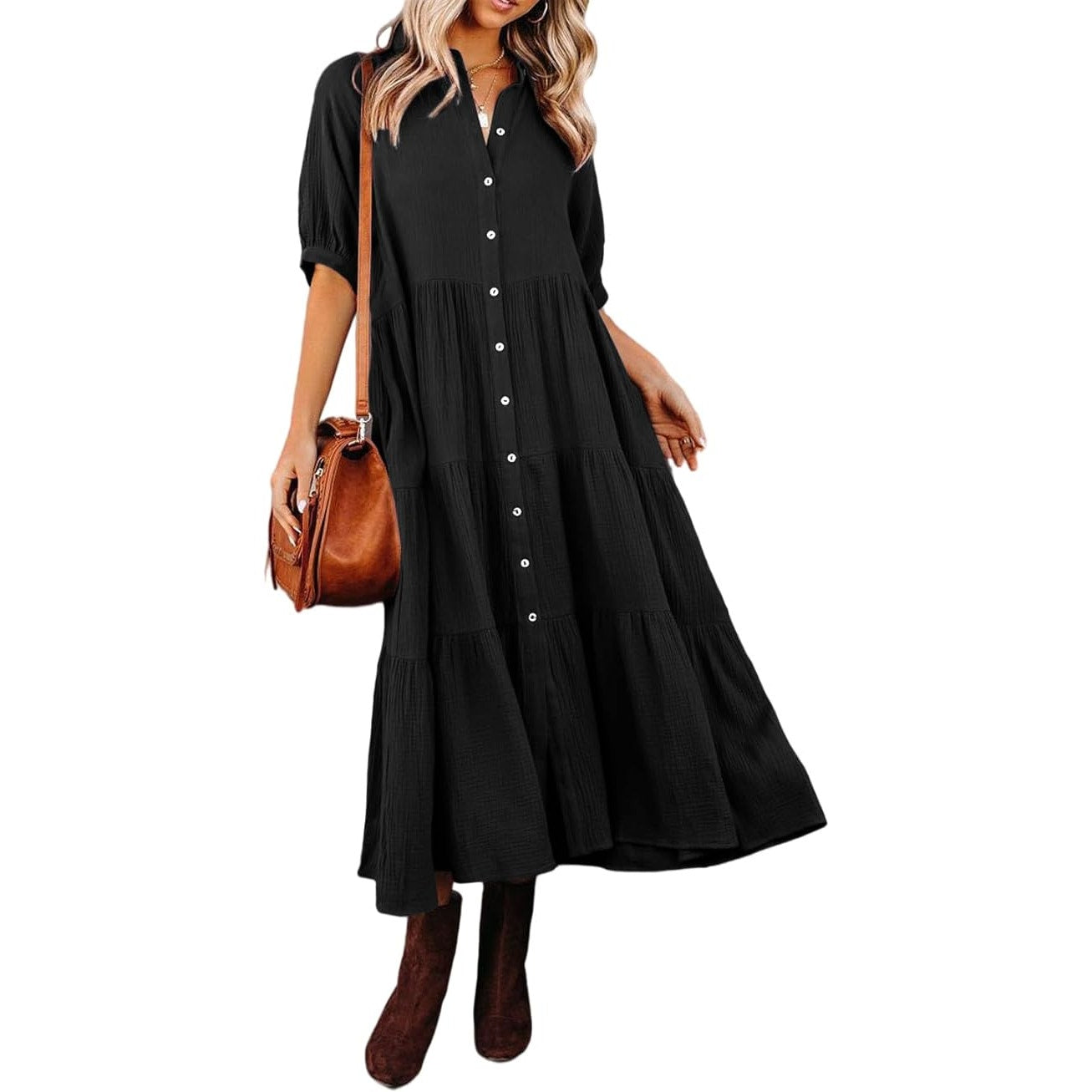 Summer Cotton Half Sleeves Button Down Loose Slit Midi Dress w/ Pockets, Blk, SM