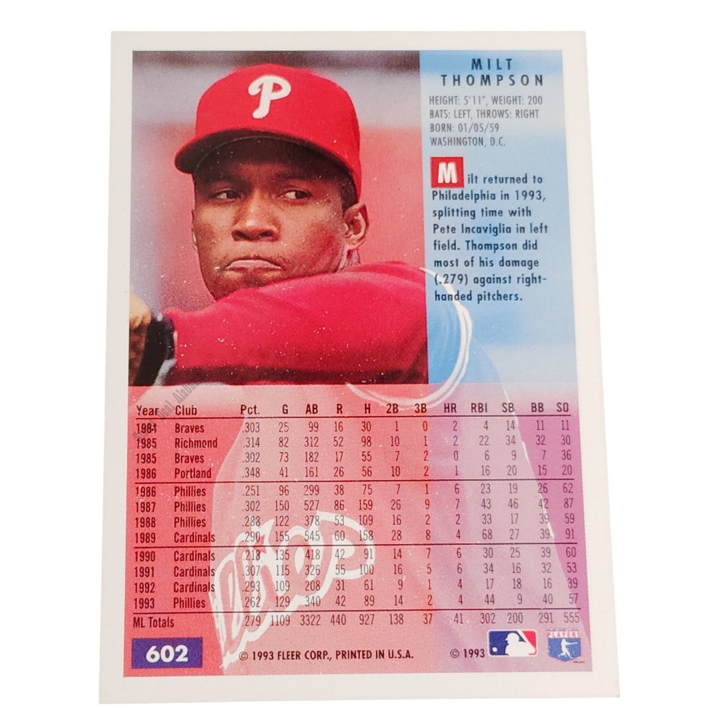 Milt Thompson, Philadelphia Phillies #602, 1994 Fleer Baseball Collector's Card
