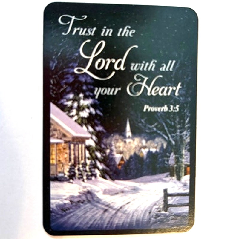 Christian Scripture Fridge Magnet Proverbs 3:5 Winter Village Night Scene 3x2