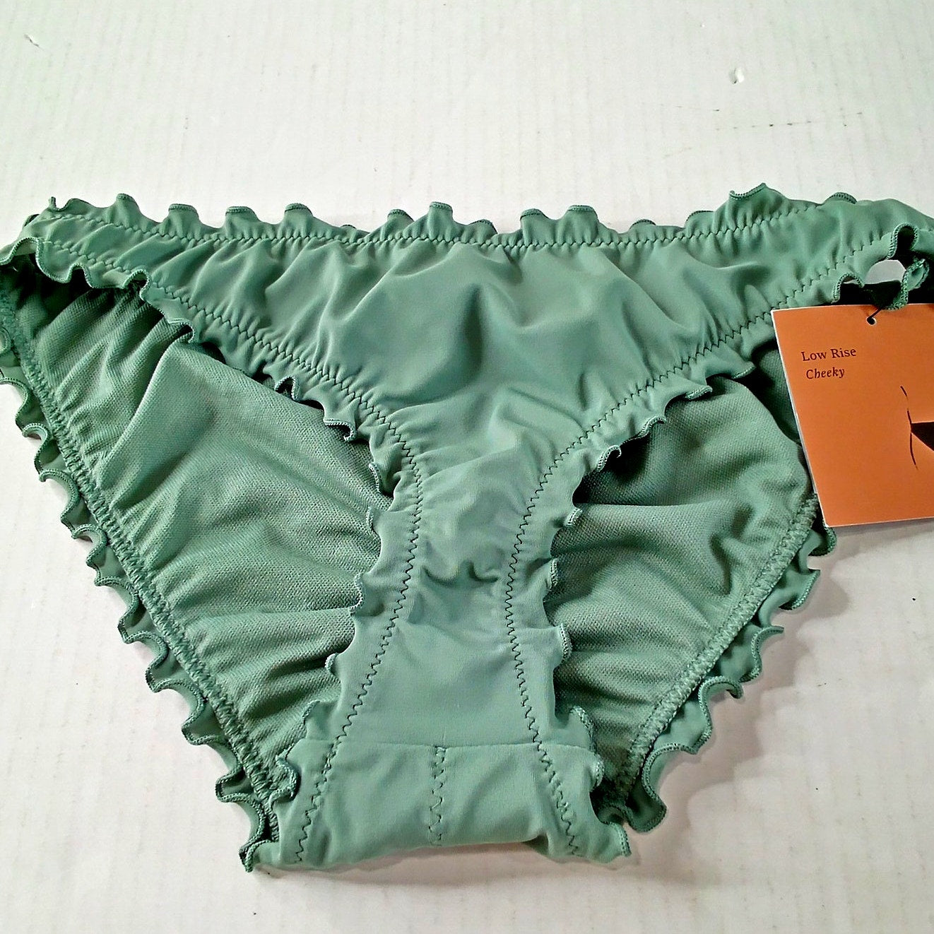 Shade & Shore Ruffle Cheeky Bikini Bottom Green XS (0-2), Low Rise Pull‑On