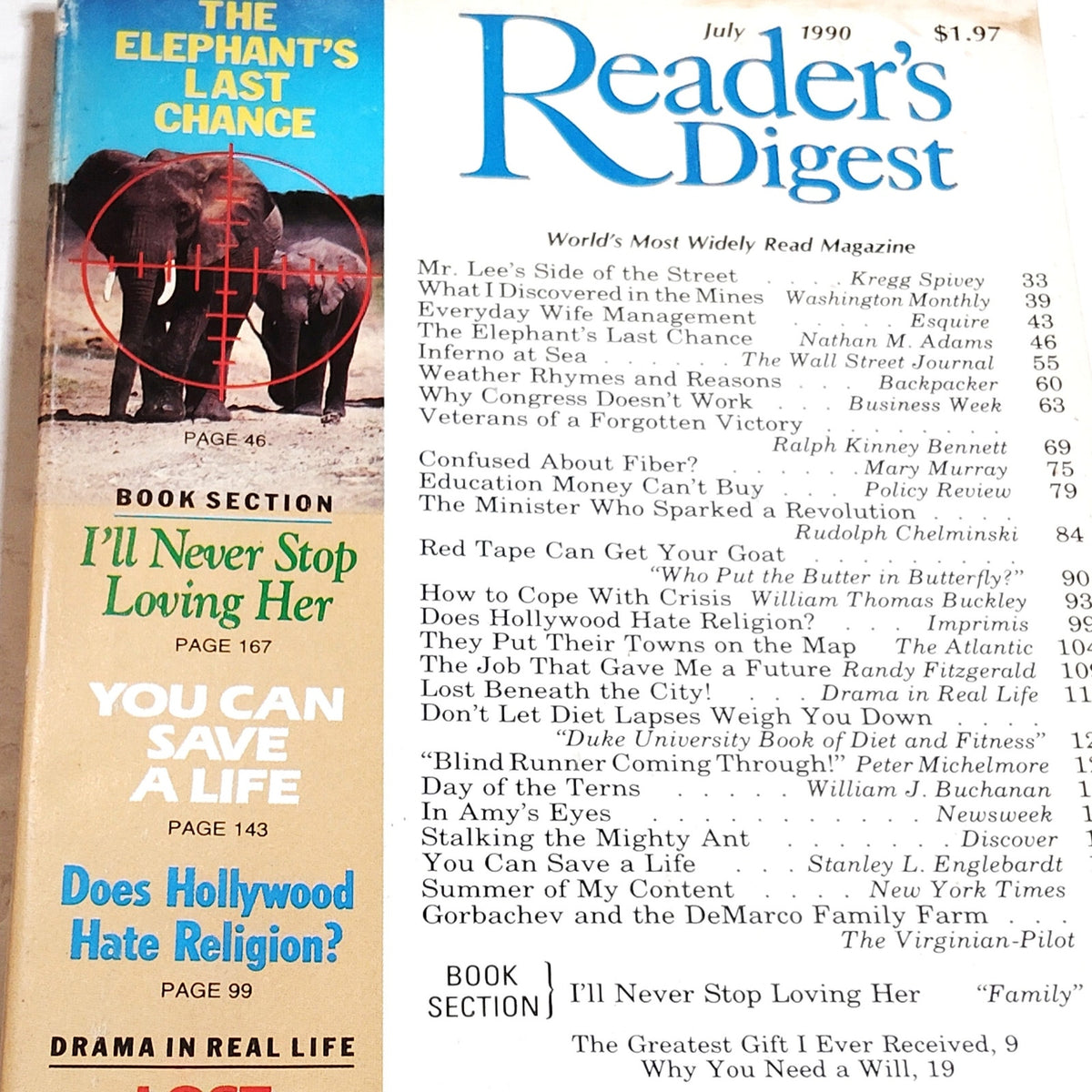 Reader's Digest July 1990 Vintage Magazine Back Issue - Elephant Cover