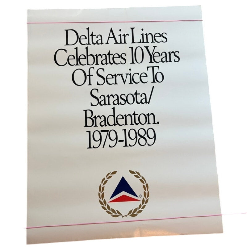 Vintage Delta Air Lines 10 Year Service Poster Sarasota/Bradenton 1979-1989