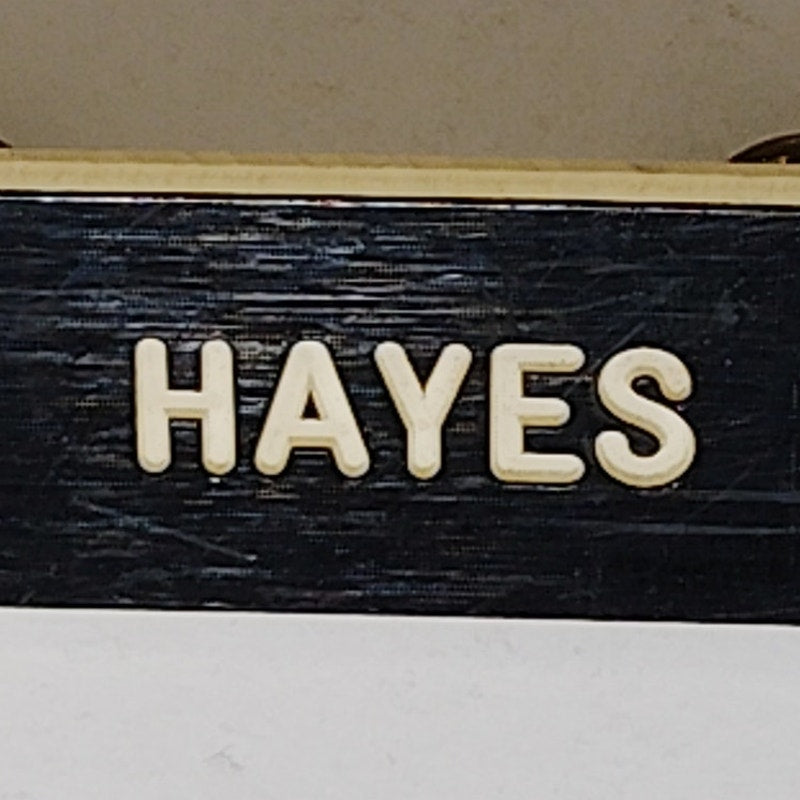 Name Tag “HAYES” 3" x 1"  Black Plastic – Military Style – Butterfly Pinbacks