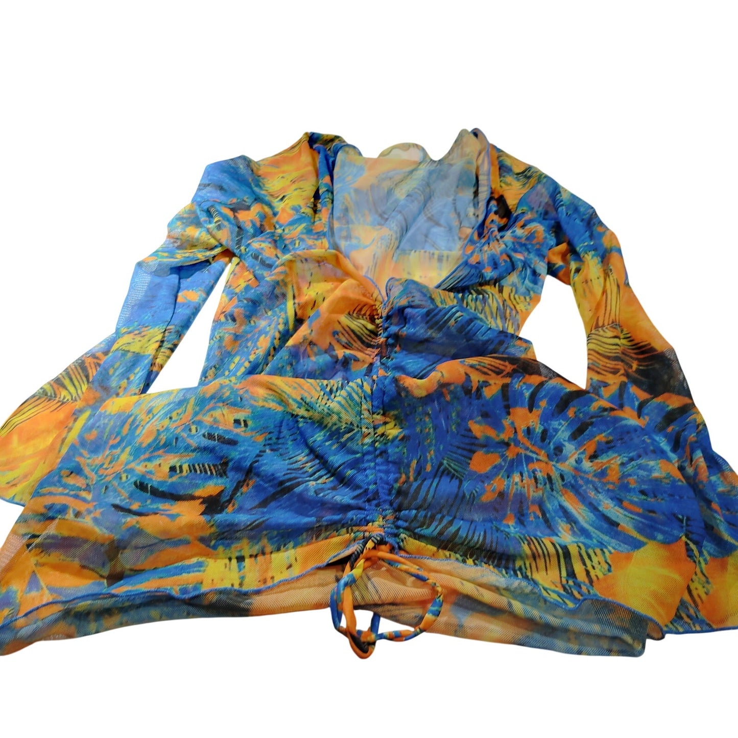 Sheer Abstract Print LS Beach Cover‑Up w/ Front Cinch – Blue/Orange – Large