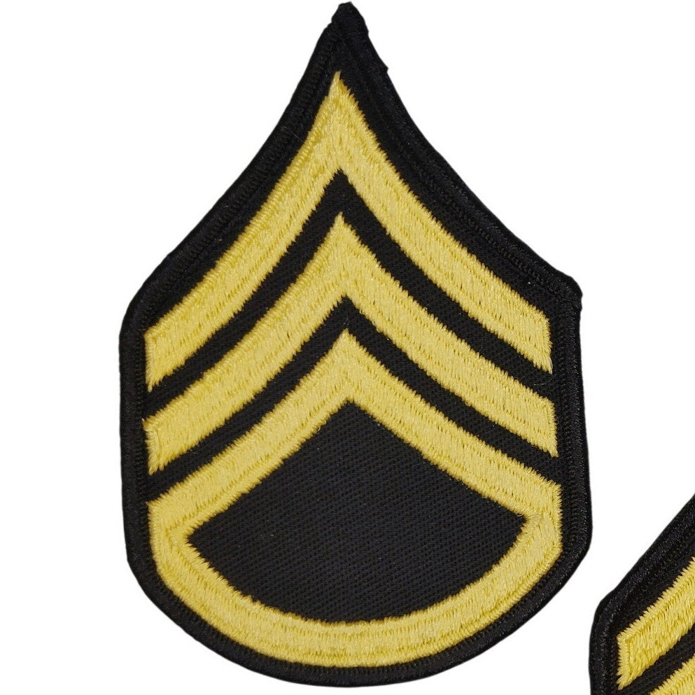 US Army Staff Sergeant E‑6 ASU Chevrons, Gold on Black, Female 4" × 2‑3/4" Sew‑O
