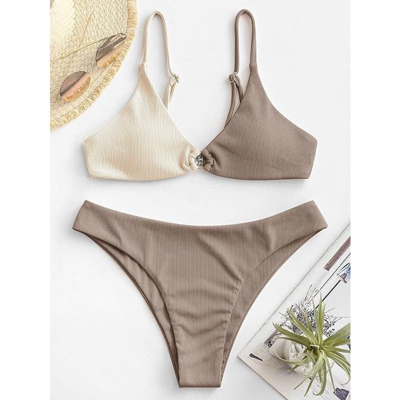 ZAFUL Ribbed O-Ring String Bikini Cheeky Thong Two Piece, Brown/Beige, Small (4)