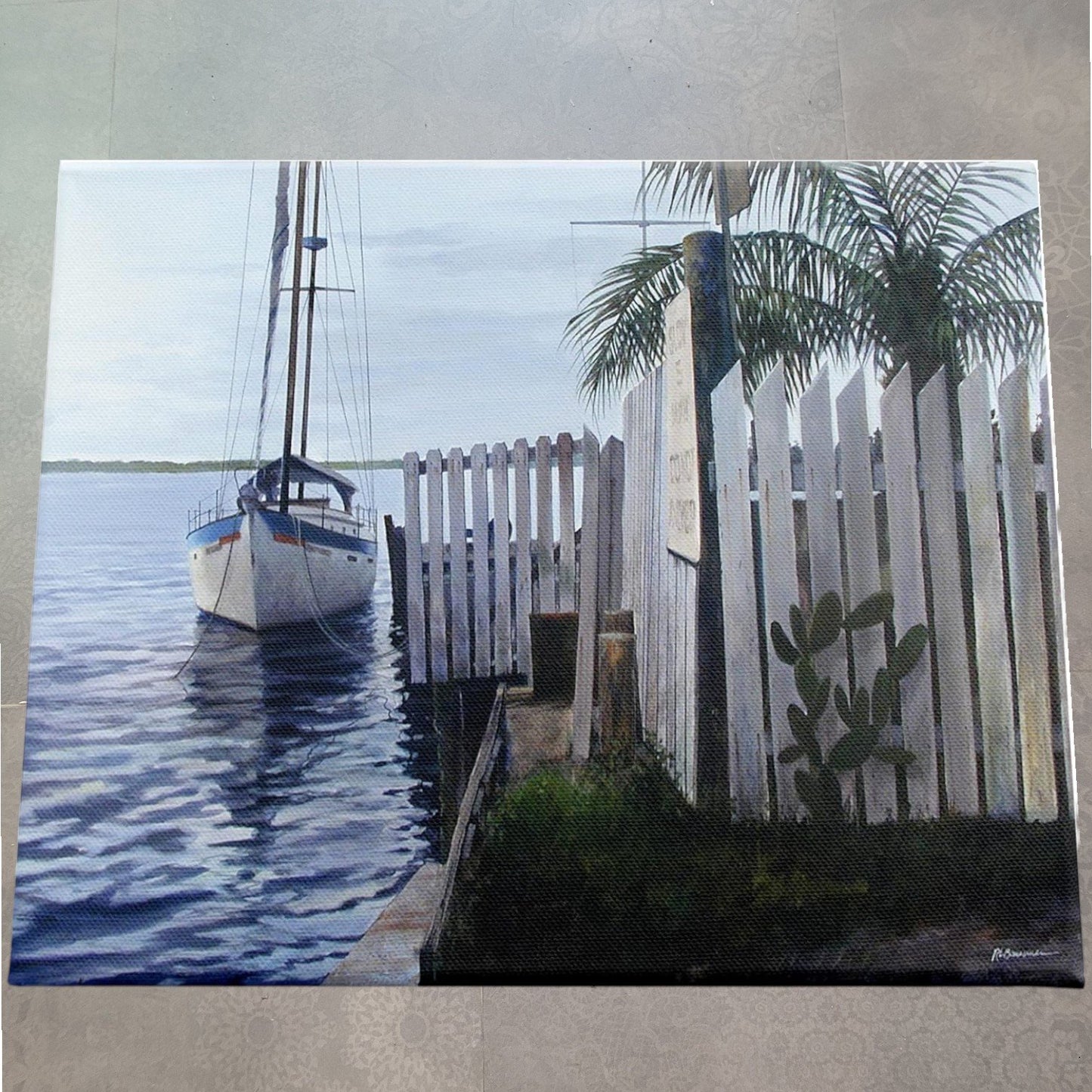 20x16 Sailboat & Shoreline Stretched Canvas, Wood Frame Wall Art Design/L. Wolk