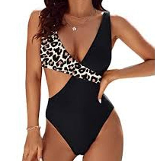 Blooming Jelly One Shoulder One Piece Swimsuit Black Leopard Trim Women’s Large