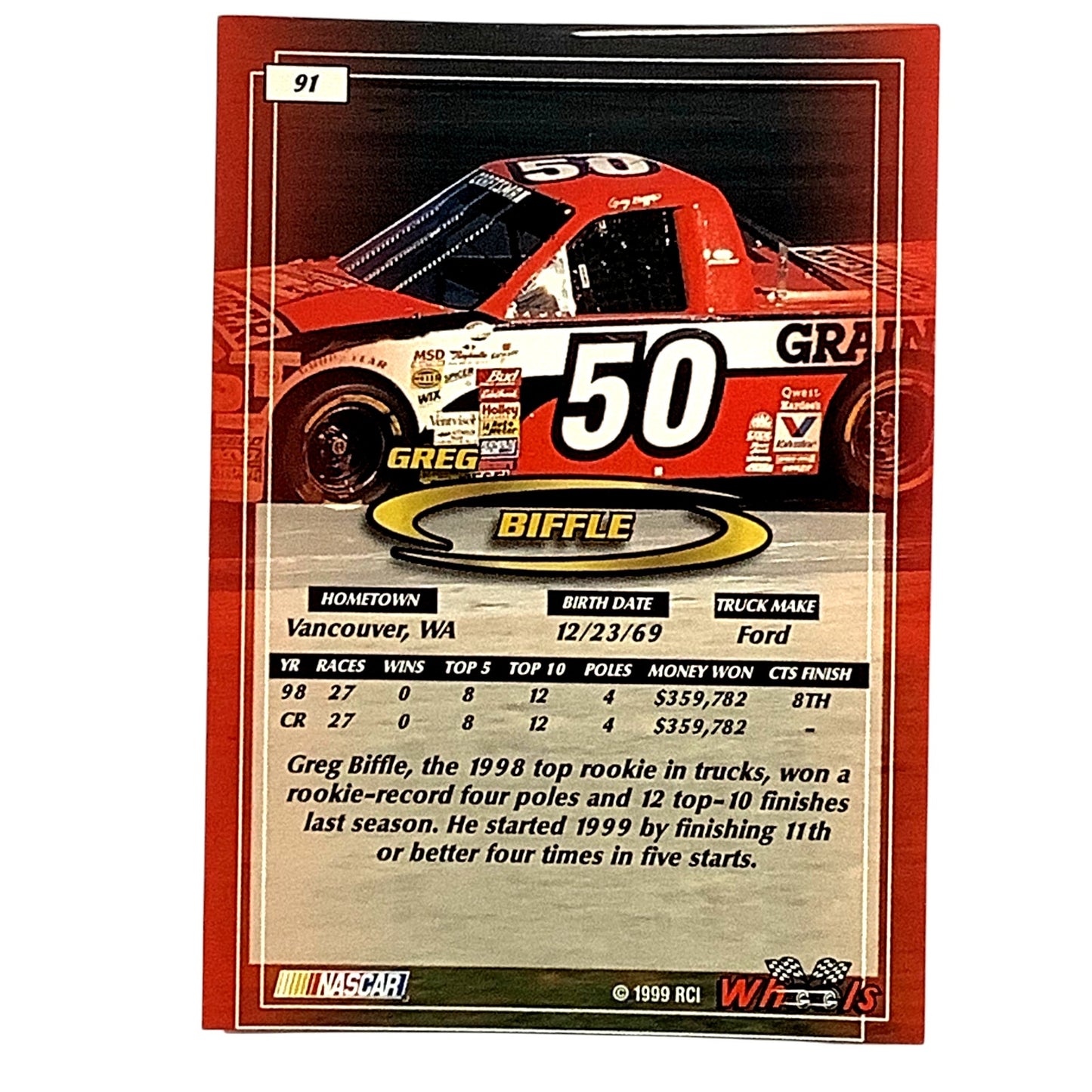 Greg Biffle #50 Grainger, 1999 Wheels Rookie Card 91 NASCAR Craftsman Truck, NM+
