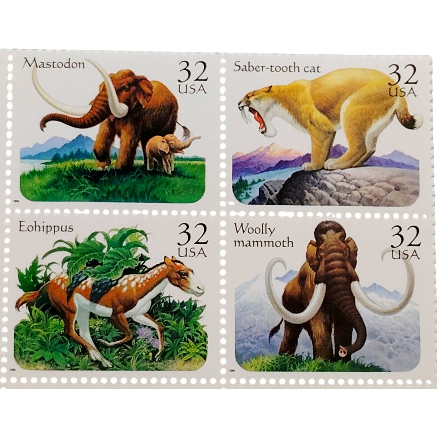 Block of 4 – 1996 USA 32¢ Prehistoric Animals MNH Scott 3080a Commemorative Set