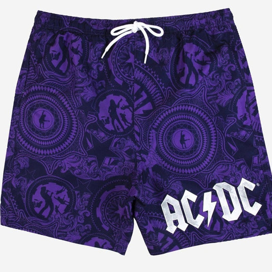 AC/DC Men’s Elastic Waist Printed Swim Shorts – Small – Dark Purple