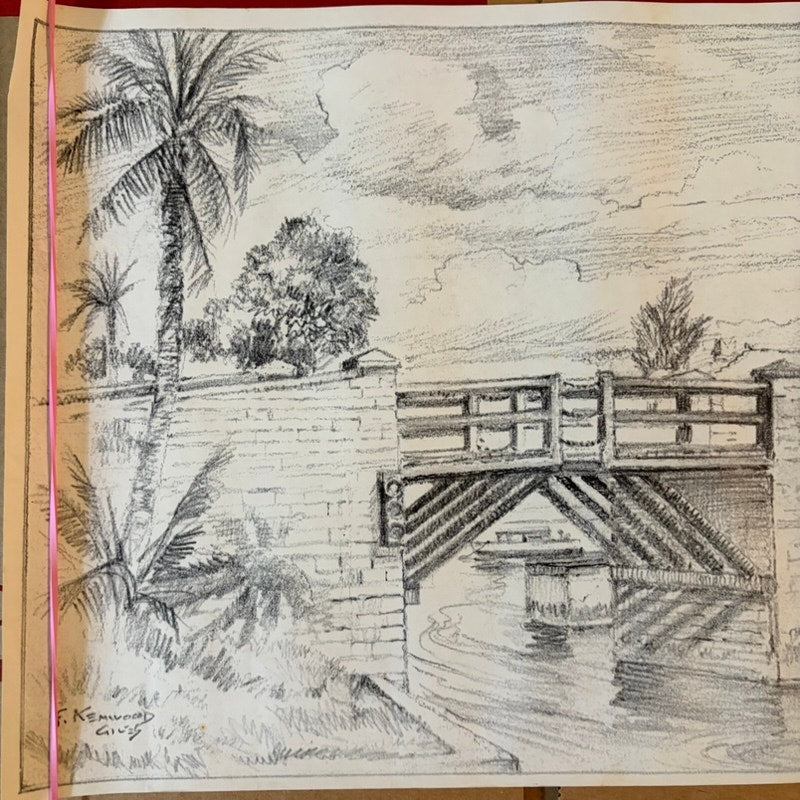 VTG F Kenwood Giles Original Pencil Sketches (2) - Flat Holm Lighthouse, Bermuda