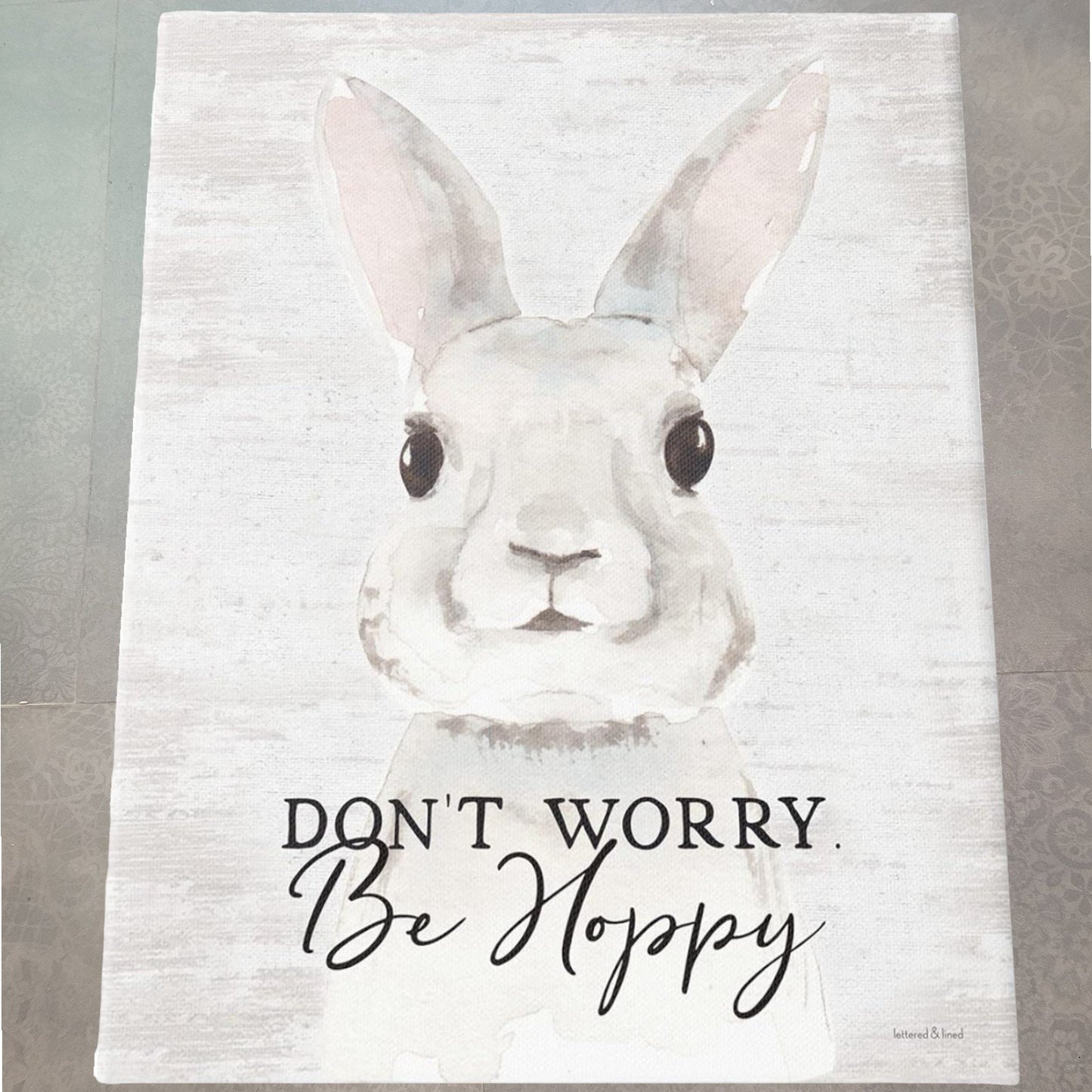 16x20 Don’t Worry Be Hoppy, Bunny Humor Stretched Canvas Wall Art – Wood Frame